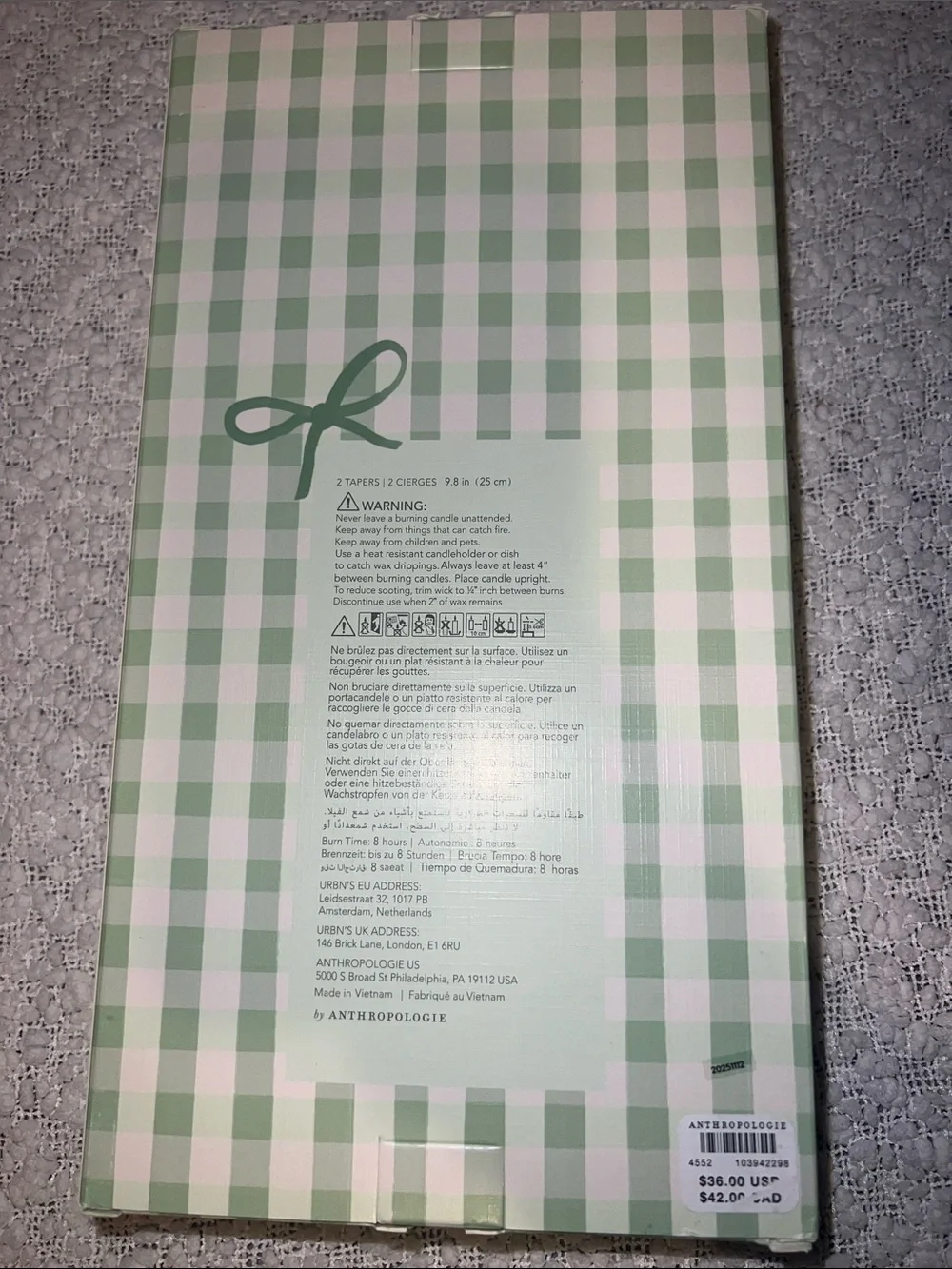 Anthropologie Green Gingham Bow Taper Candles - Set of 2
